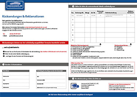 Laden Sie sich das Reklamations-Formular herunter, füllen Sies es aus und senden Sie es uns samt Ware zurück.